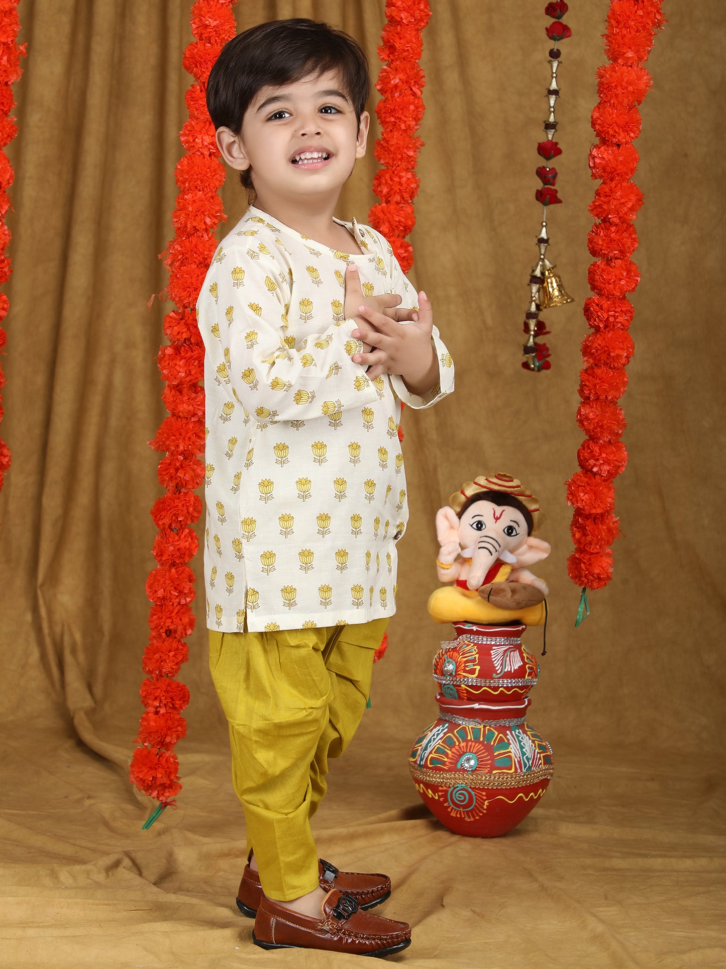 Polka Tots Full Sleeve Floral print Angrakha Top With Dhoti - Yellow