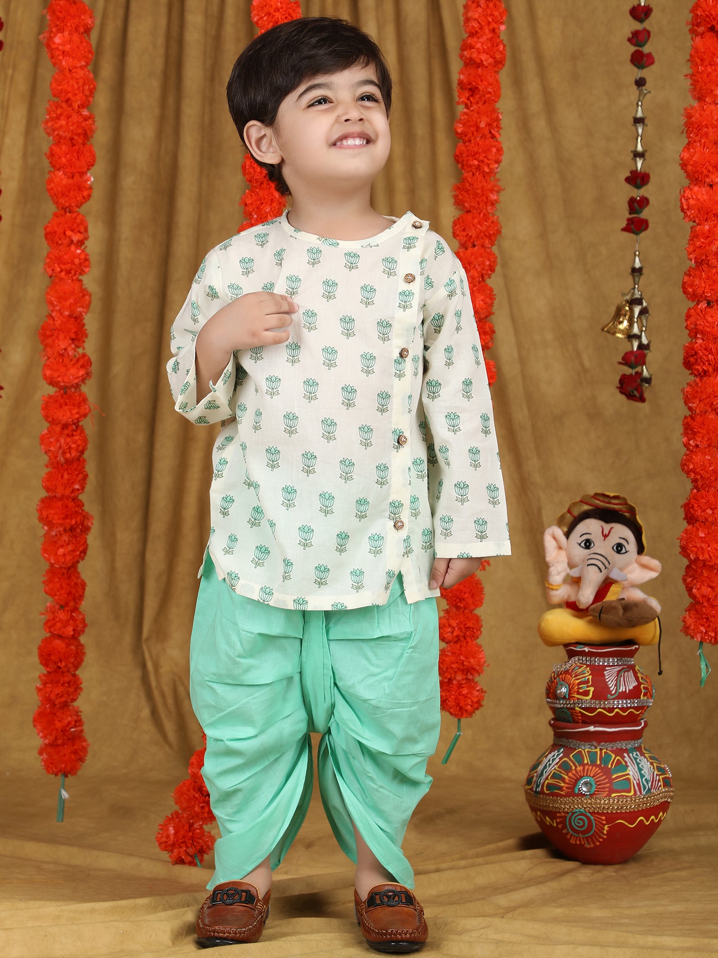 Polka Tots Full Sleeve Floral print Angrakha Top With Dhoti - Aqua