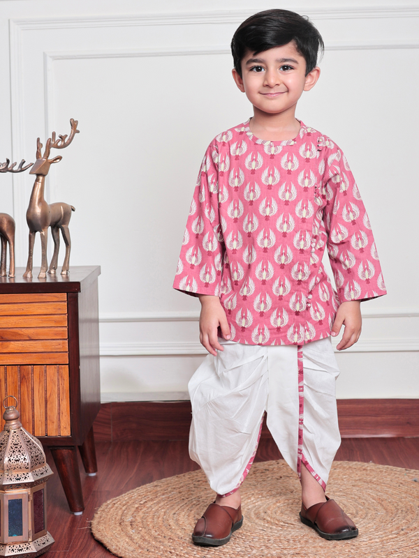 Polka Tots Full Sleeve Bird Print Angrakha Top With Dhoti - Pink