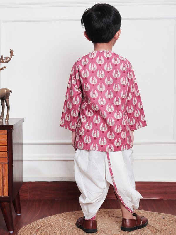 Polka Tots Full Sleeve Bird Print Angrakha Top With Dhoti - Pink