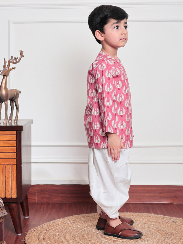 Polka Tots Full Sleeve Bird Print Angrakha Top With Dhoti - Pink