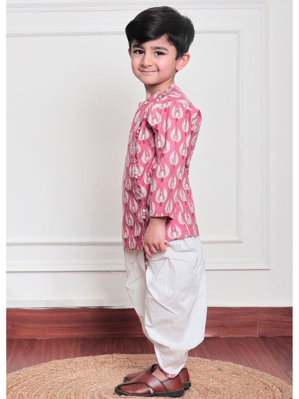 Polka Tots Full Sleeve Bird Print Angrakha Top With Dhoti - Pink