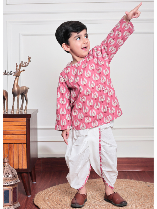 Polka Tots Full Sleeve Bird Print Angrakha Top With Dhoti - Pink