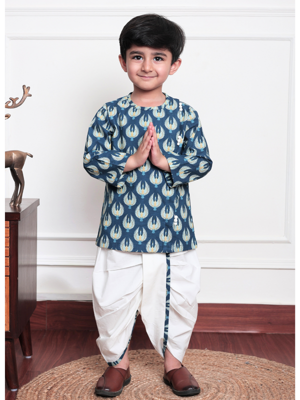 Polka Tots Full Sleeve Bird Print Angrakha Top With Dhoti - Blue