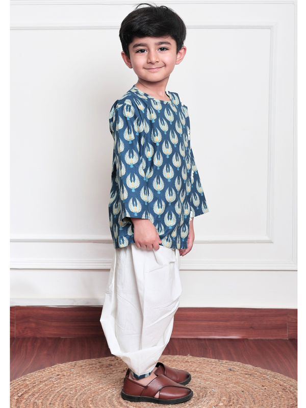 Polka Tots Full Sleeve Bird Print Angrakha Top With Dhoti - Blue