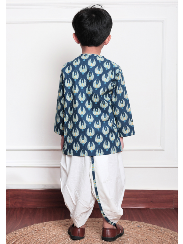 Polka Tots Full Sleeve Bird Print Angrakha Top With Dhoti - Blue