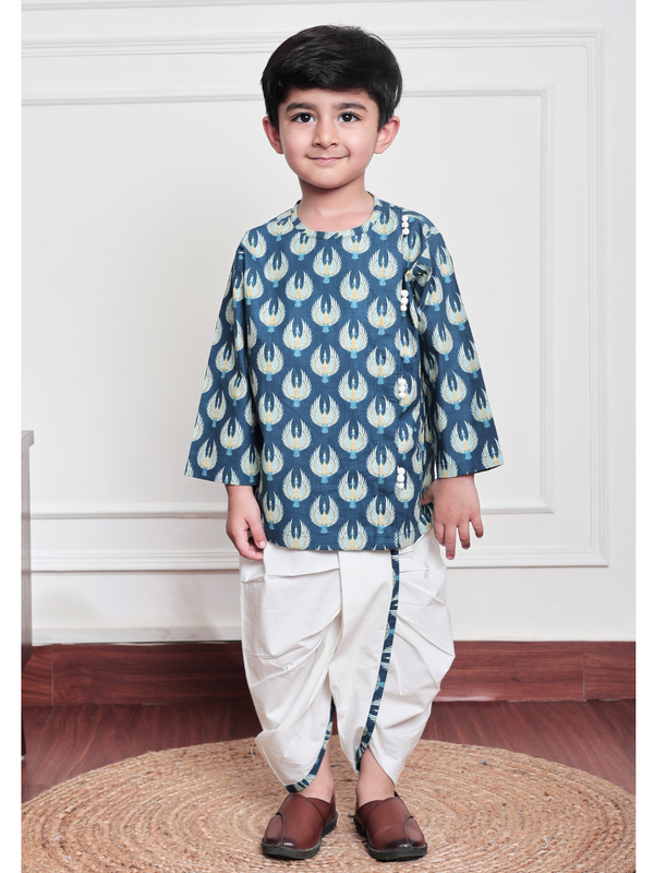 Polka Tots Full Sleeve Bird Print Angrakha Top With Dhoti - Blue