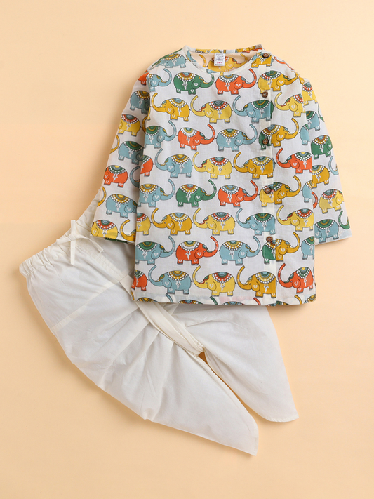 Polka Tots Full Sleeve Elephant Print Angrakha Top With Dhoti - Multicolor