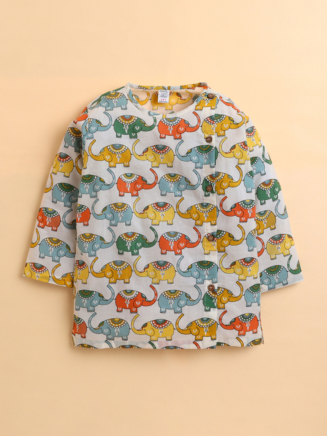 Polka Tots Full Sleeve Elephant Print Angrakha Top With Dhoti - Multicolor