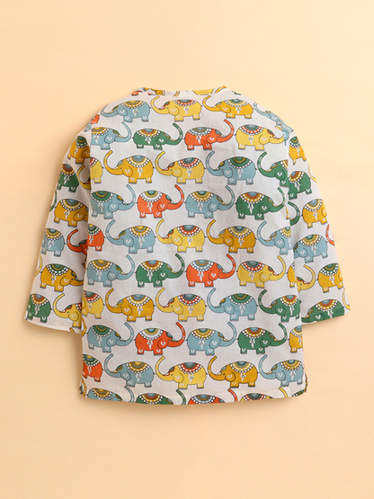 Polka Tots Full Sleeve Elephant Print Angrakha Top With Dhoti - Multicolor