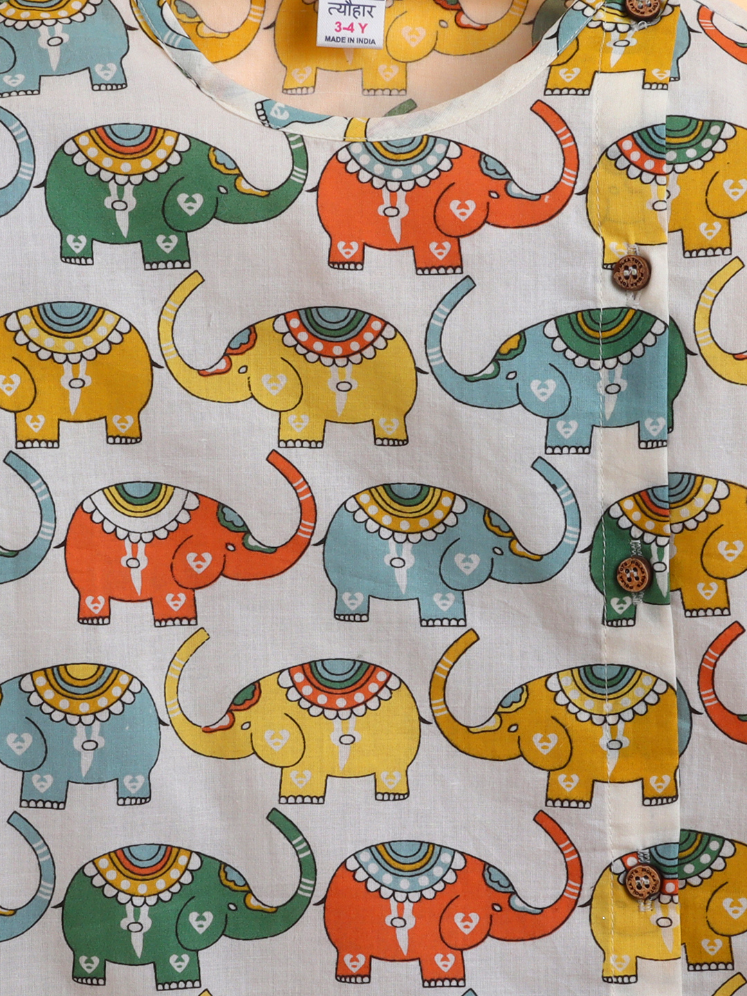 Polka Tots Full Sleeve Elephant Print Angrakha Top With Dhoti - Multicolor