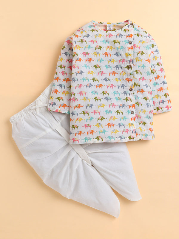 Polka Tots Full Sleeve Elephant Print Angrakha Top With Dhoti - Multicolor