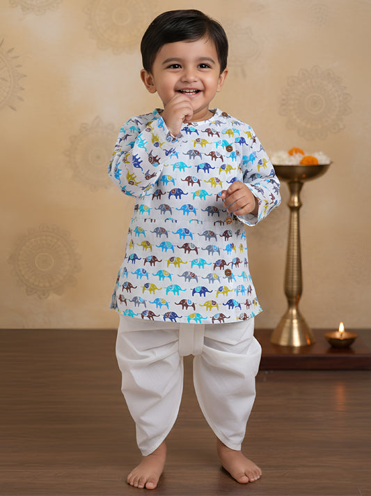 Polka Tots Cotton Full Sleeve Elephant Print Angrakha Top With Dhoti - Multicolor