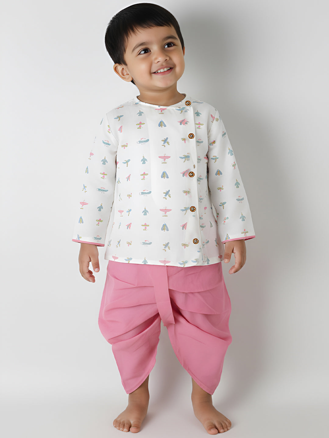 Polka Tots Cotton Full Sleeve Airplane Print Angrakha Top With Dhoti - Pink