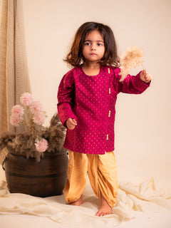 Golden Sparkle Foil Work Angrakha Kurta with Dhoti Set – Rani Pink