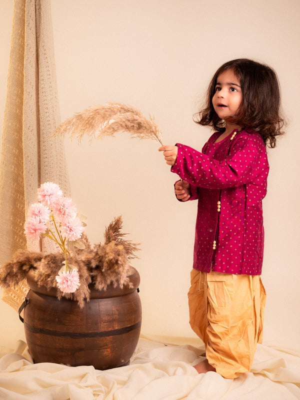 Golden Sparkle Foil Work Angrakha Kurta with Dhoti Set – Rani Pink