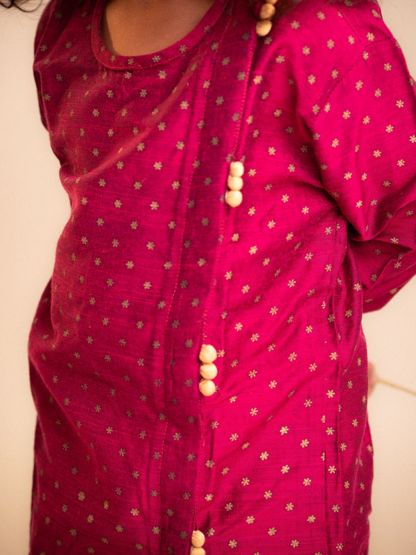 Golden Sparkle Foil Work Angrakha Kurta with Dhoti Set – Rani Pink