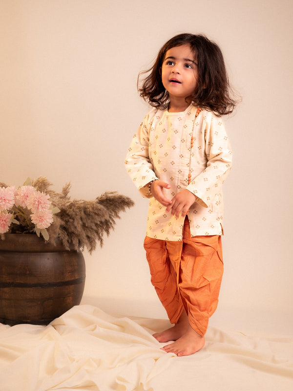 Golden Sparkle Foil Work Angrakha Kurta with Dhoti Set – Cream & Orange