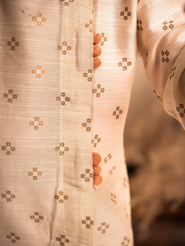Golden Sparkle Foil Work Angrakha Kurta with Dhoti Set – Cream & Orange