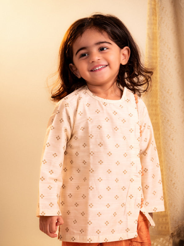 Golden Sparkle Foil Work Angrakha Kurta with Dhoti Set – Cream & Orange