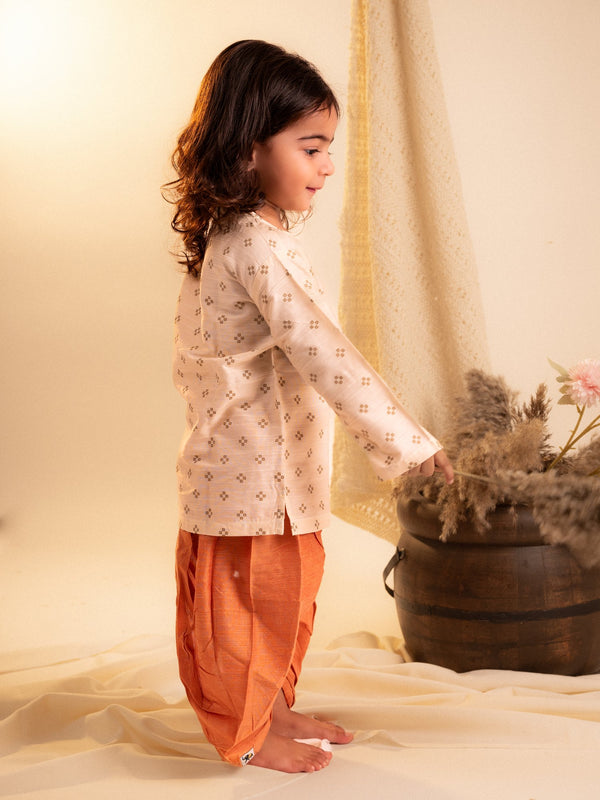 Golden Sparkle Foil Work Angrakha Kurta with Dhoti Set – Cream & Orange