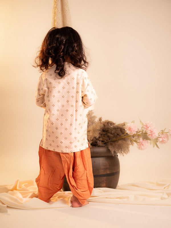 Golden Sparkle Foil Work Angrakha Kurta with Dhoti Set – Cream & Orange