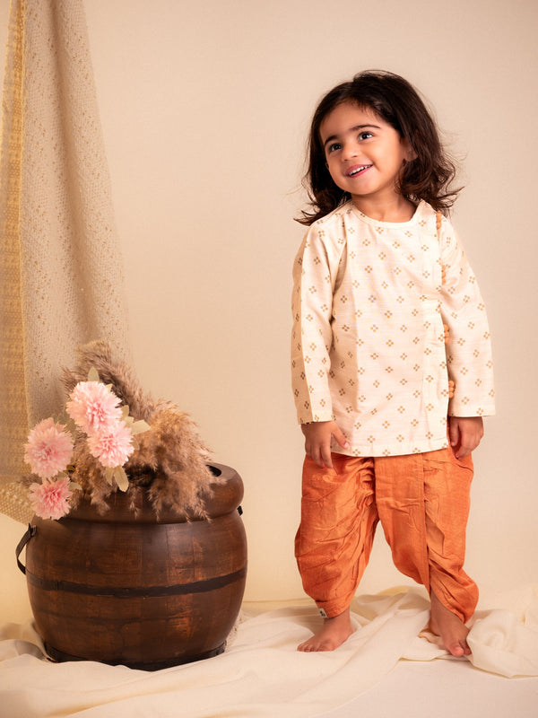 Golden Sparkle Foil Work Angrakha Kurta with Dhoti Set – Cream & Orange