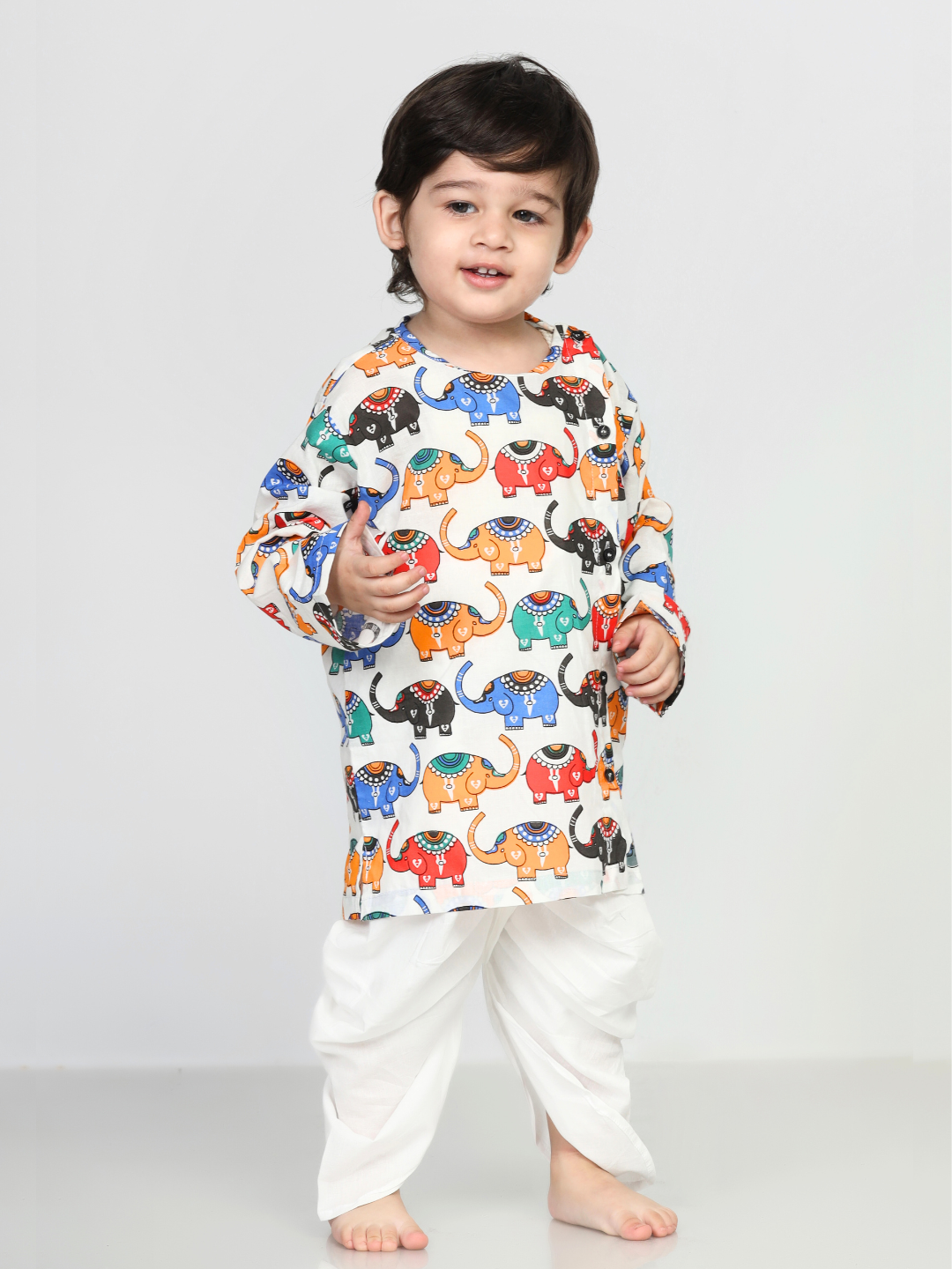 Polka Tots Dhoti Kurta Set for Boys 100% Super Soft Cotton Traditional Ethnic Wear For Kids Elephant White