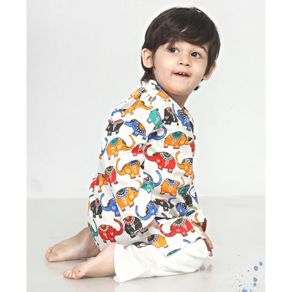 Polka Tots Dhoti Kurta Set for Boys 100% Super Soft Cotton Traditional Ethnic Wear For Kids Elephant White