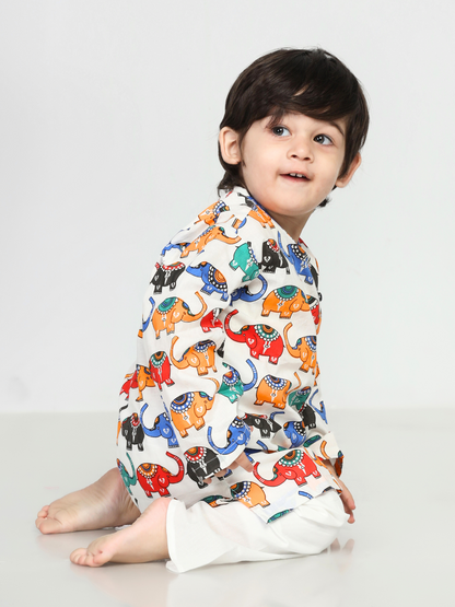 Polka Tots Dhoti Kurta Set for Boys 100% Super Soft Cotton Traditional Ethnic Wear For Kids Elephant White