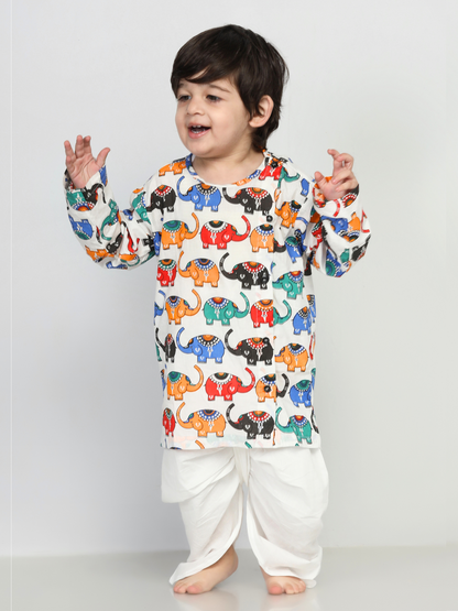 Polka Tots Dhoti Kurta Set for Boys 100% Super Soft Cotton Traditional Ethnic Wear For Kids Elephant White