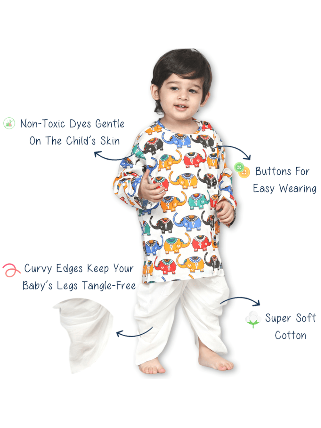 Polka Tots Dhoti Kurta Set for Boys 100% Super Soft Cotton Traditional Ethnic Wear For Kids Elephant White