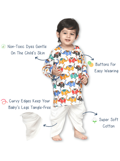 Polka Tots Dhoti Kurta Set for Boys 100% Super Soft Cotton Traditional Ethnic Wear For Kids Elephant White