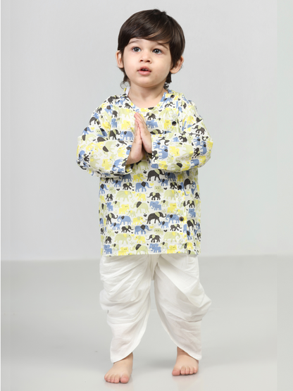 Polka Tots Dhoti Kurta Set for Boys 100% Super Soft Cotton Traditional Ethnic Wear For Kids Elephant White