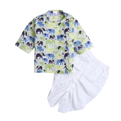 Polka Tots Dhoti Kurta Set for Boys 100% Super Soft Cotton Traditional Ethnic Wear For Kids Elephant White