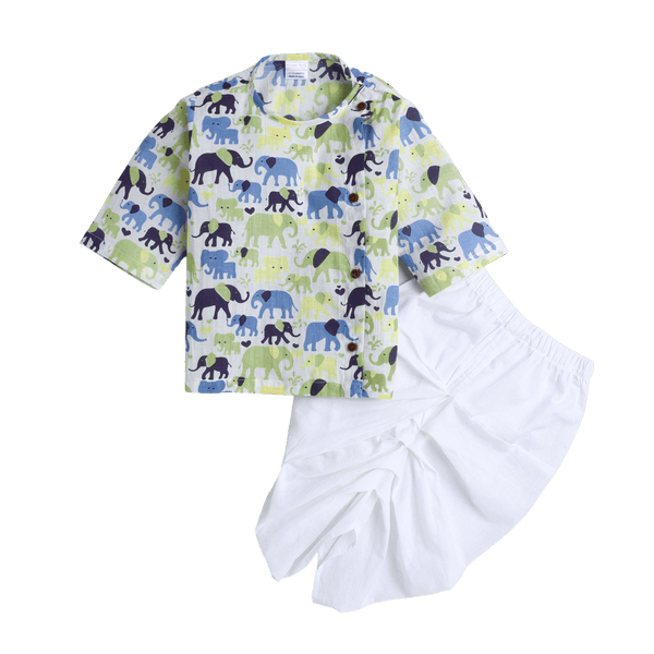 Polka Tots Dhoti Kurta Set for Boys 100% Super Soft Cotton Traditional Ethnic Wear For Kids Elephant White