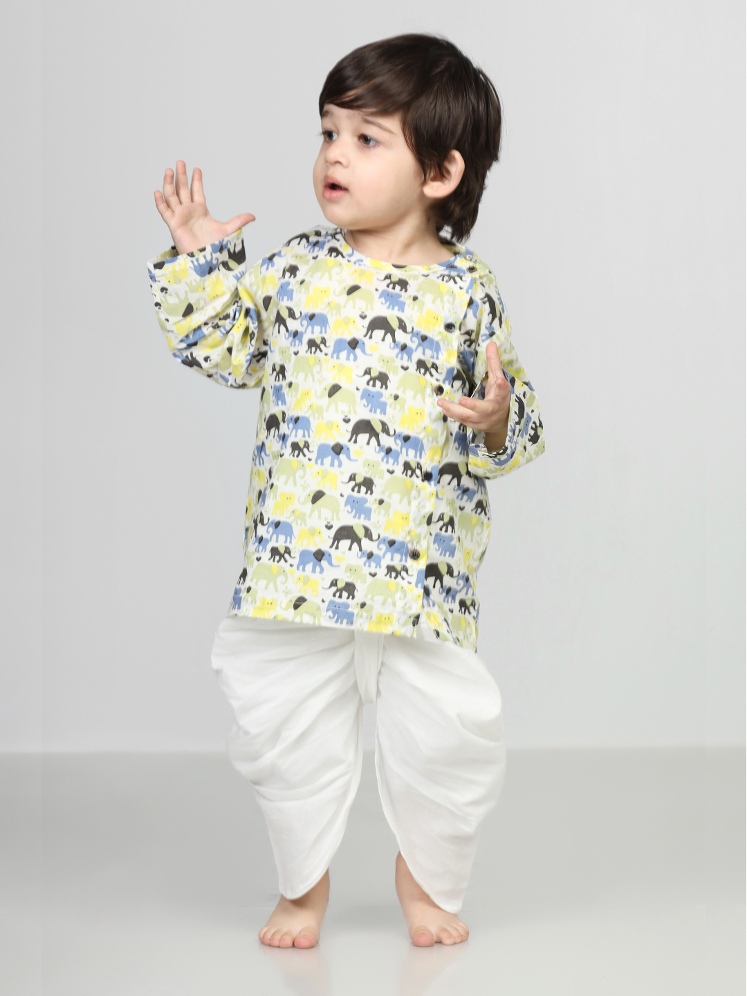 Polka Tots Dhoti Kurta Set for Boys 100% Super Soft Cotton Traditional Ethnic Wear For Kids Elephant White