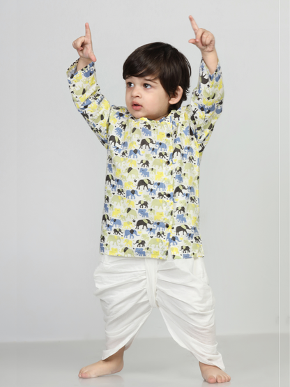 Polka Tots Dhoti Kurta Set for Boys 100% Super Soft Cotton Traditional Ethnic Wear For Kids Elephant White