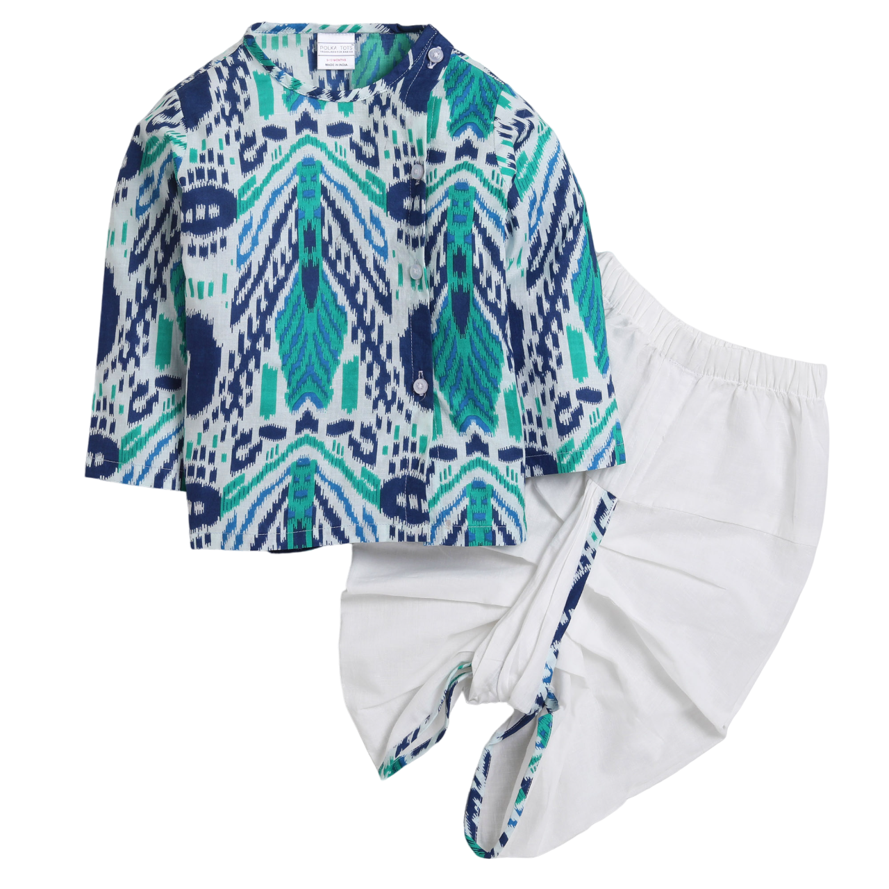 Polka Tots Dhoti Kurta Set for Boys 100% Super Soft Cotton Traditional Ethnic Wear For Kids Peacock Print  - White