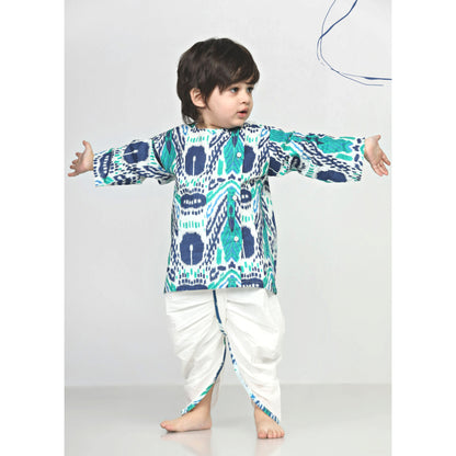 Polka Tots Dhoti Kurta Set for Boys 100% Super Soft Cotton Traditional Ethnic Wear For Kids Peacock Print  - White