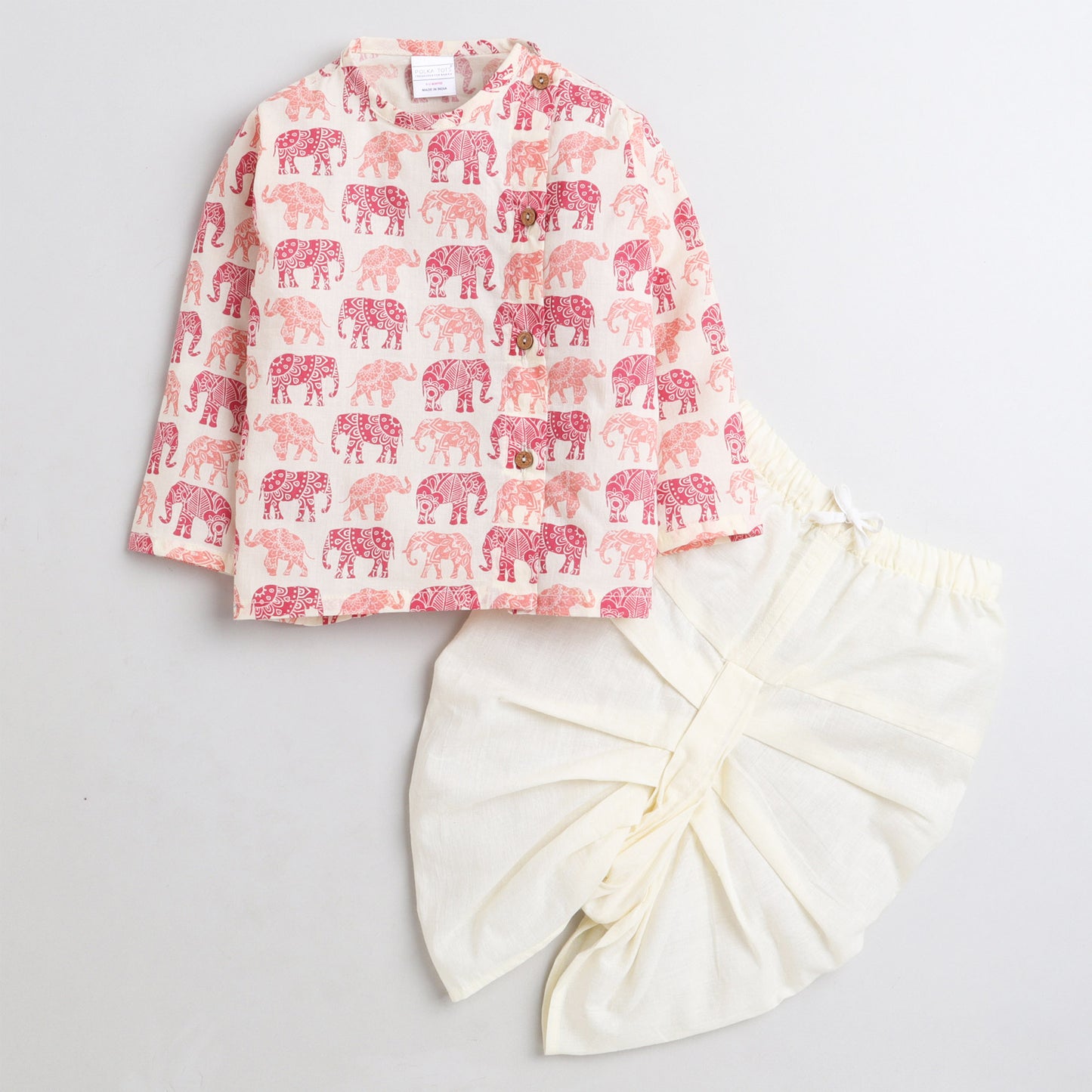 Polka Tots Dhoti Kurta Set for Boys 100% Super Soft Cotton Traditional Ethnic Wear For Kids Red Elephant - Cream