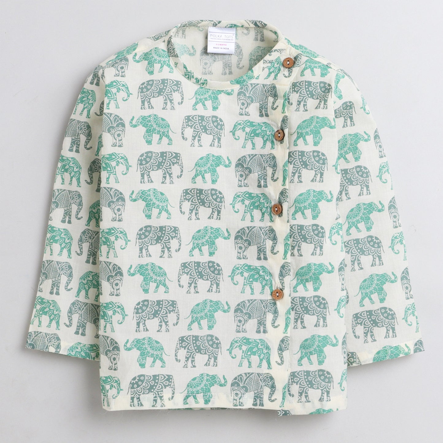 Polka Tots Dhoti Kurta Set for Boys 100% Super Soft Cotton Traditional Ethnic Wear For Kids Green Elephant - Cream