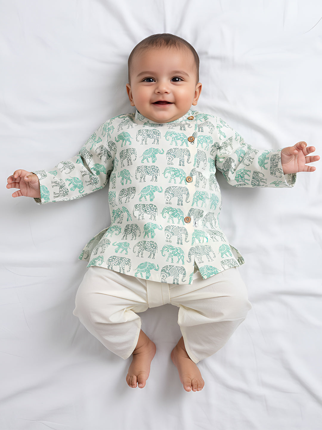 Polka Tots Dhoti Kurta Set for Boys 100% Super Soft Cotton Traditional Ethnic Wear For Kids Green Elephant - Cream