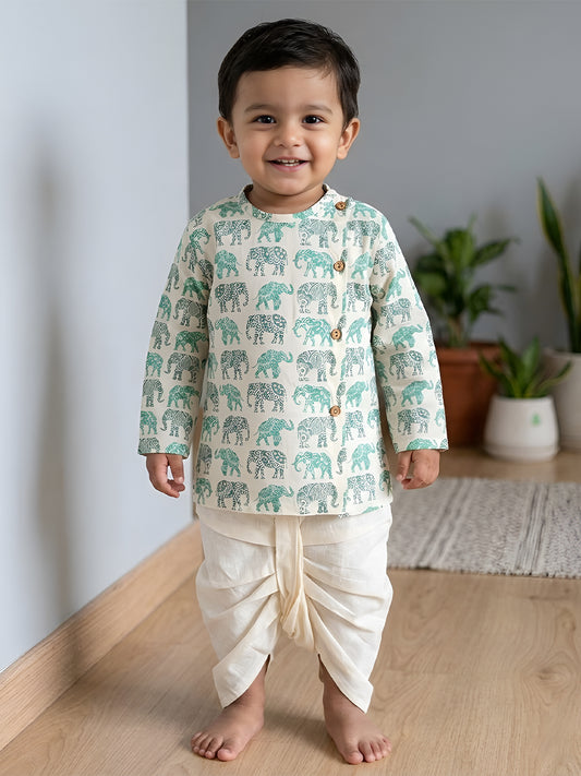 Polka Tots Dhoti Kurta Set for Boys 100% Super Soft Cotton Traditional Ethnic Wear For Kids Green Elephant - Cream
