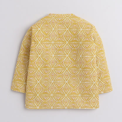 Polka Tots Full Sleeve Geometrical Print Angrakha kurta With Piping Dhoti - Yellow