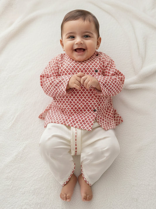 Polka Tots Full Sleeve Small Square Print Angrakha With Piping Dhoti - Cream