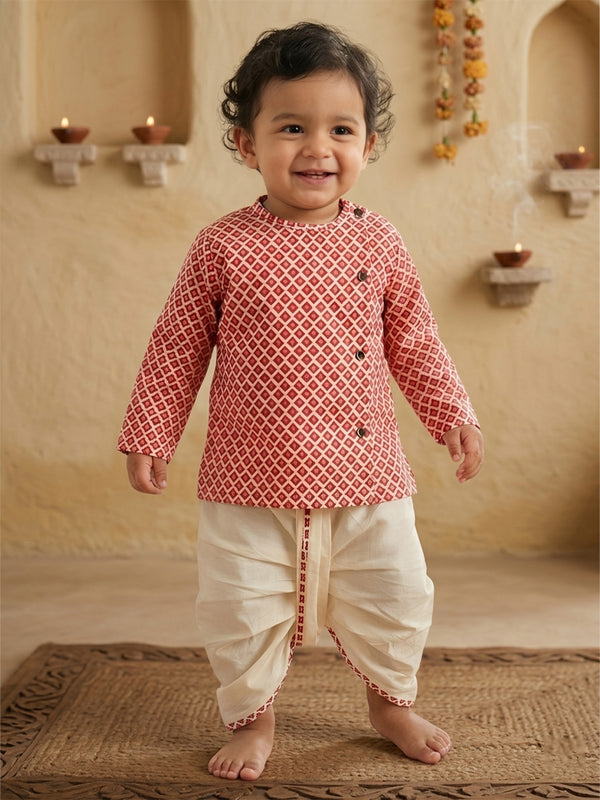 Polka Tots Full Sleeve Small Square Print Angrakha With Piping Dhoti - Cream
