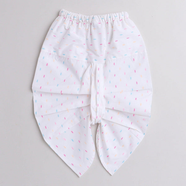 Polka Tots Full Sleeve Open Tieable Angrakha With Dhoti Pink And Blue Butti - White