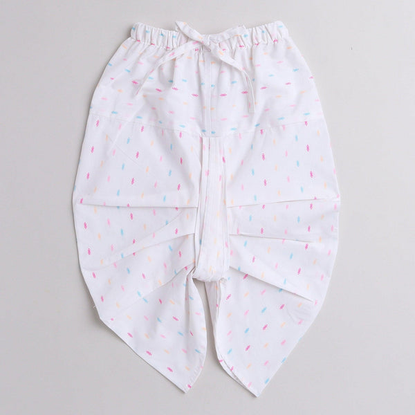 Polka Tots Full Sleeve Open Tieable Angrakha With Dhoti Pink And Blue Butti - White