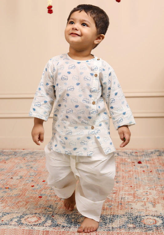 Polka Tots 100% Super Soft Cotton Full Sleeve Elephant Print Angrakha & Dhoti Set - White & Blue